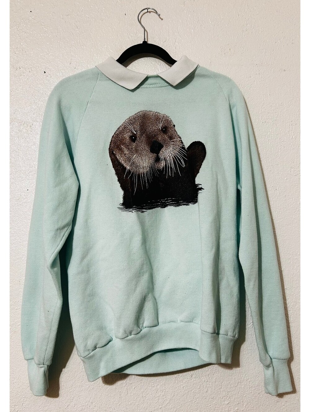Vintage Jerzees Sea Otter Collared Sweatshirt Mint Green Made in USA Size L